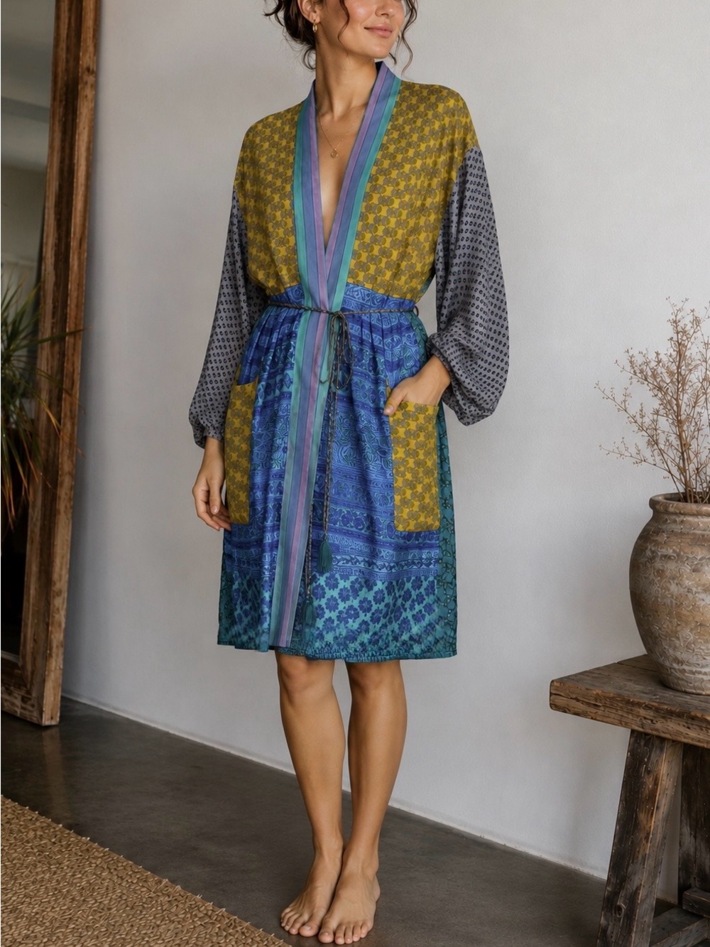 Guru for life‎ 100% Silk Boho Robe Kimono Hippie Sari Wrap - flaws